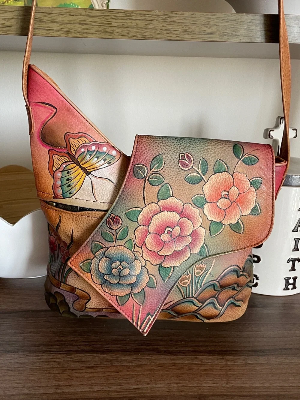 Anuschka Hand-Painted Floral & Butterfly Shoulder Bag